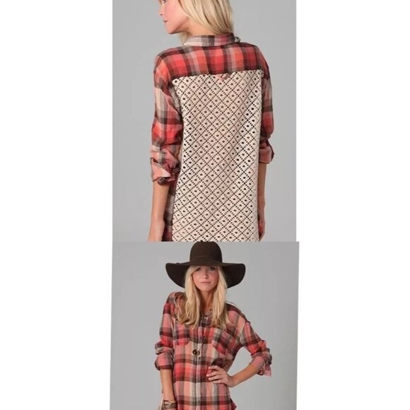 Free People We the Free Orange Plaid Size XS Top Lace Back Long Sleeve Button Do - Picture 1 of 5